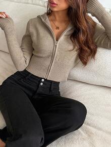 DAZY 女款素色修身短版連帽拉鍊長袖休閒街頭度假秋冬針織開襟衫校園風 - 卡其色 - 查看 1
