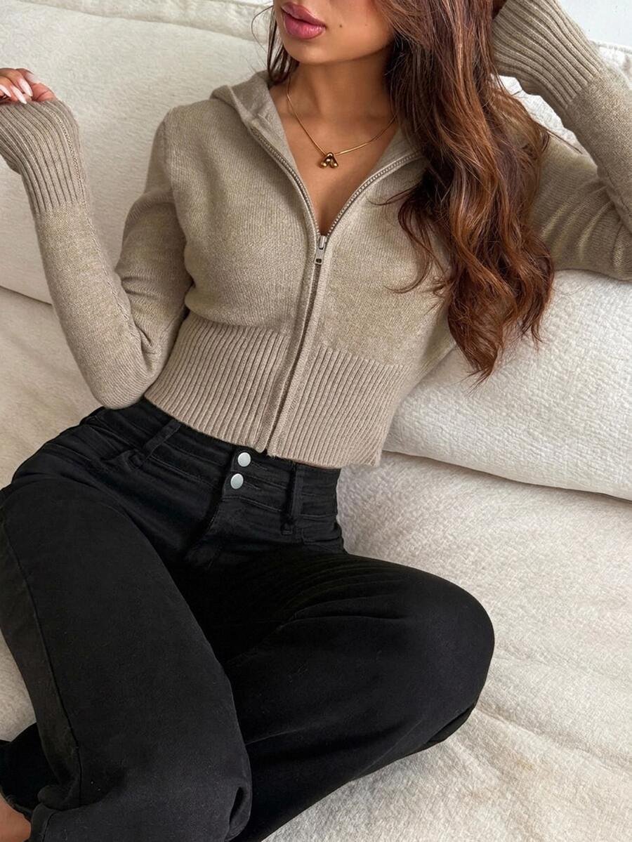 DAZY 女款素色修身短版連帽拉鍊長袖休閒街頭度假秋冬針織開襟衫校園風 - 卡其色 - 查看 1