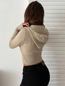 DAZY 女款素色修身短版連帽拉鍊長袖休閒街頭度假秋冬針織開襟衫校園風 - 卡其色 - 查看 3