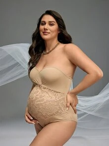 Cheriluna Maternity 孕婦夏季優雅花卉蕾絲拼接連身褲塑身衣 拍照道具配件 - 杏色 - 查看 4