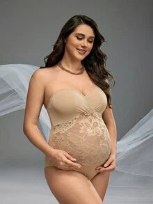 Cheriluna Maternity 孕婦夏季優雅花卉蕾絲拼接連身褲塑身衣 拍照道具配件 - 杏色 - 查看 6