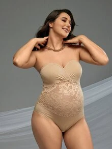 Cheriluna Maternity 孕婦夏季優雅花卉蕾絲拼接連身褲塑身衣 拍照道具配件 - 杏色 - 查看 5
