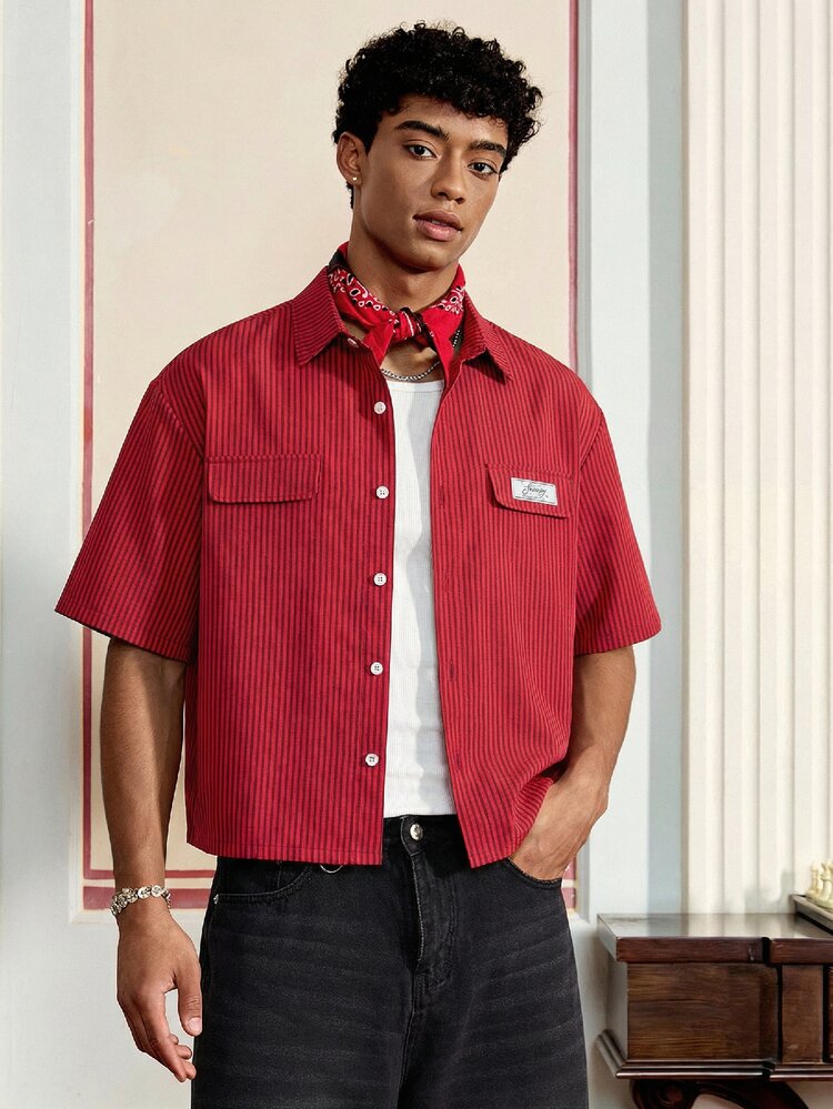 ESTAVOR Men's Short Plaid Short Sleeve Button Down Loose Casual Shirt,Summer,Holiday,Daily Wear Shirt, Cargo Short  Shirt, - Red - View 2