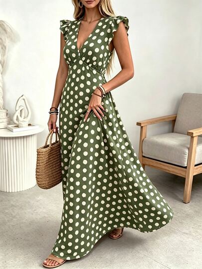EMERY ROSE Vestido largo de mujer con cintura fruncida, espalda fruncida, ajustable, línea A, mangas de volantes, romántico, lunares grandes, base albaricoque con lunares color café, elegante, vintage, formal, oficina, casual, playa, vacaciones, playa de arena, estilo callejero occidental, fotografía callejera, minimalista, versátil, moda, fiesta de té de la tarde, ocio en casa, cómodo, estilo bohemio, fiesta romántica, primavera, verano, nuevo vestido de verano