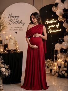 Cheriluna Maternity 輕量單肩孕婦長洋裝，氣質優雅性感攝影拍照嬰兒派對禮服，紅色夏季款 - 咖啡棕 - 查看 9