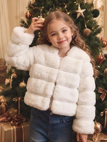 SHEIN Elladie kids 1件女童冬季新款返校新年奶油白色柔軟奢華公主風厚款人造兔毛大衣，橫條拼接設計，大翻領前扣短版長袖款，適合生日派對、拜訪親戚、店鋪拍照、日常購物，女童氣質假日外套 - 米色 - 查看 3