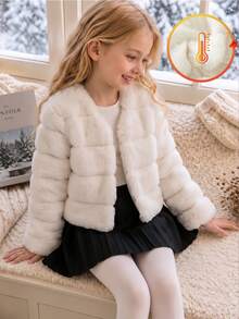 SHEIN Elladie kids 1件女童冬季新款返校新年奶油白色柔軟奢華公主風厚款人造兔毛大衣，橫條拼接設計，大翻領前扣短版長袖款，適合生日派對、拜訪親戚、店鋪拍照、日常購物，女童氣質假日外套 - 米色 - 查看 4
