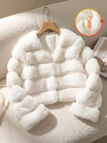 SHEIN Elladie kids 1件女童冬季新款返校新年奶油白色柔軟奢華公主風厚款人造兔毛大衣，橫條拼接設計，大翻領前扣短版長袖款，適合生日派對、拜訪親戚、店鋪拍照、日常購物，女童氣質假日外套 - 米色 - 查看 1