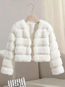 SHEIN Elladie kids 1件女童冬季新款返校新年奶油白色柔軟奢華公主風厚款人造兔毛大衣，橫條拼接設計，大翻領前扣短版長袖款，適合生日派對、拜訪親戚、店鋪拍照、日常購物，女童氣質假日外套 - 米色 - 查看 7