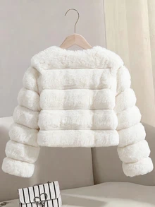 SHEIN Elladie kids 1件女童冬季新款返校新年奶油白色柔軟奢華公主風厚款人造兔毛大衣，橫條拼接設計，大翻領前扣短版長袖款，適合生日派對、拜訪親戚、店鋪拍照、日常購物，女童氣質假日外套 - 米色 - 查看 6