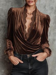 SHEIN Fall/ Coffee Brown Velvet Cross V-Neck Lace Patchwork Puff Sleeve Side Ruched Waist Long Sleeve Top, Elegant Mature Night Out Dinner Date Night - Brown - View 4