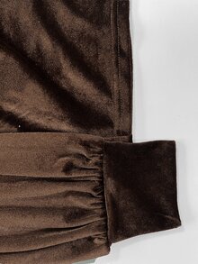 SHEIN Fall/ Coffee Brown Velvet Cross V-Neck Lace Patchwork Puff Sleeve Side Ruched Waist Long Sleeve Top, Elegant Mature Night Out Dinner Date Night - Brown - View 6
