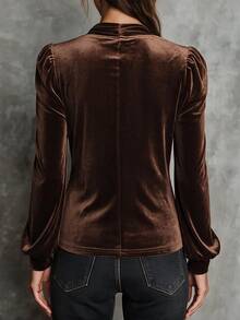 SHEIN Fall/ Coffee Brown Velvet Cross V-Neck Lace Patchwork Puff Sleeve Side Ruched Waist Long Sleeve Top, Elegant Mature Night Out Dinner Date Night - Brown - View 5