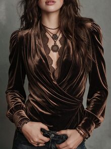 SHEIN Fall/ Coffee Brown Velvet Cross V-Neck Lace Patchwork Puff Sleeve Side Ruched Waist Long Sleeve Top, Elegant Mature Night Out Dinner Date Night - Brown - View 7