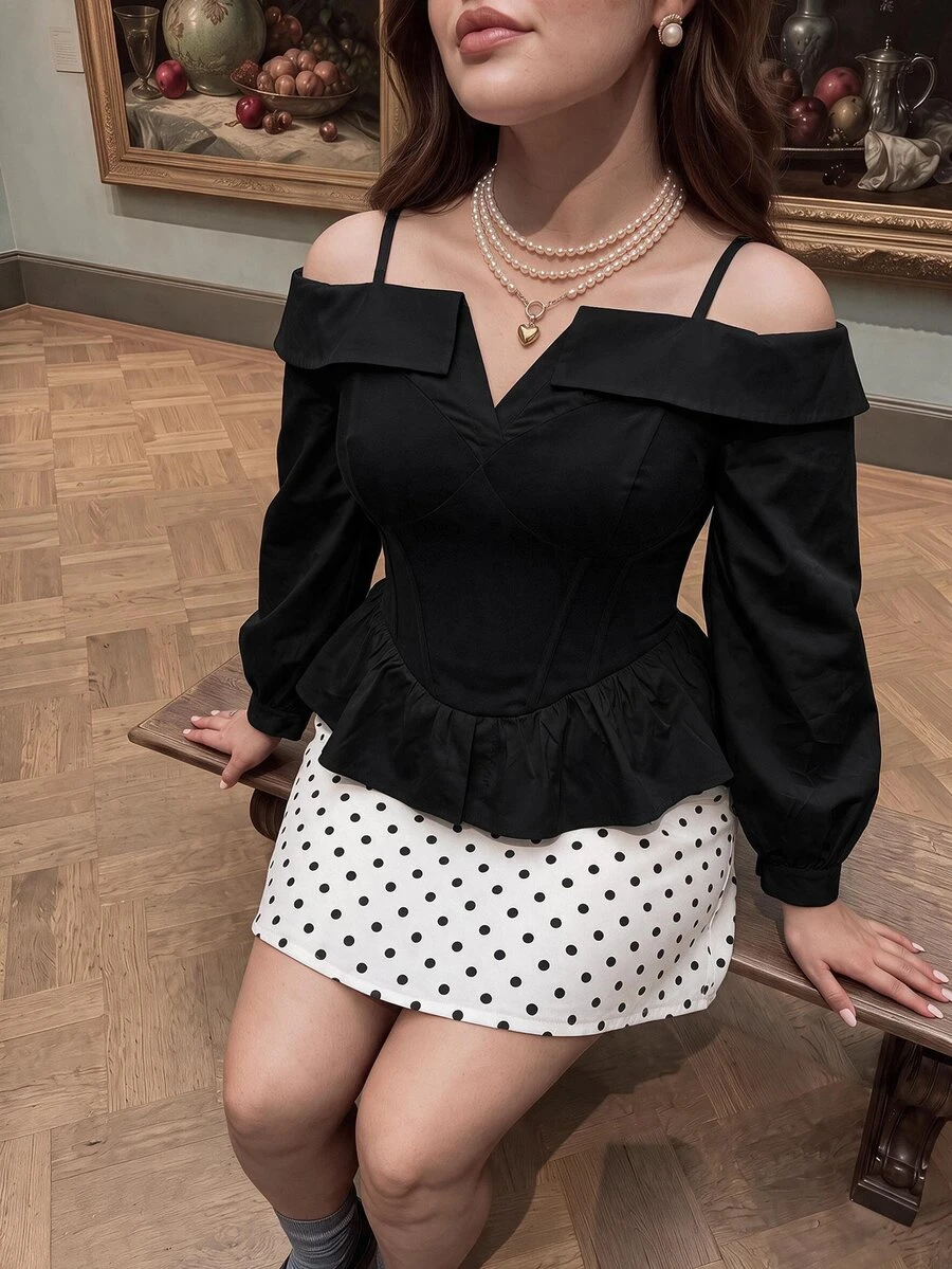 SHEIN MOD 大尺碼女款優雅黑白露肩上衣，極簡時尚，休閒日常穿著，新年街頭風辦公襯衫，長袖上衣，新年女裝造型，優雅上衣，哥德風，女性外出派對上衣 - 黑色 - 查看 1