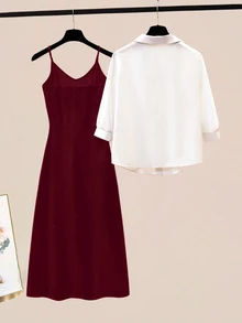 GlowEve Women's Solid Color Single-Breasted Shirt And Camisole Dress Casual 2 Pieces Set - Burgundy - View 2