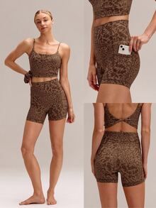 GLOWMODE 4.3" FeatherFit™ Anti-Slip Pocket Bike Shorts Non Front Seam Low Impact Cycling Running Gym Workout Summer - Brown - View 7
