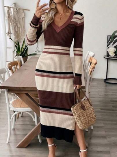 Penseblé Women's Autumn New Single Piece V-Neck Classic Striped Fashion Versatile Design Daily Commute Elegant Lady French Style Fitted Long Knit Pullover Long Sleeve Sweater Dress With Hem Slit