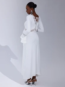 Cheriluna Maternity Maternity Photoshoot V-Neck Lace Patchwork Long Sleeve Ruffle Hem Fitted Maxi Dress - White - View 3