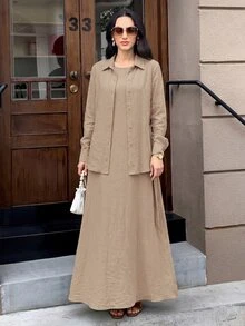 Solavon Women's Solid Color Long Sleeve Single-Breasted Shirt And Dress Casual 2 Pieces Set - Khaki - View 5