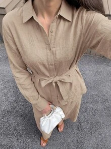 Solavon Women's Solid Color Long Sleeve Single-Breasted Shirt And Dress Casual 2 Pieces Set - Khaki - View 3