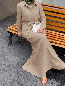 Solavon Women's Solid Color Long Sleeve Single-Breasted Shirt And Dress Casual 2 Pieces Set - Khaki - View 8