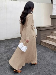 Solavon Women's Solid Color Long Sleeve Single-Breasted Shirt And Dress Casual 2 Pieces Set - Khaki - View 9
