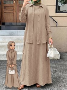 Solavon Women's Solid Color Long Sleeve Single-Breasted Shirt And Dress Casual 2 Pieces Set - Khaki - View 4