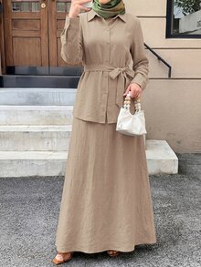Solavon Women's Solid Color Long Sleeve Single-Breasted Shirt And Dress Casual 2 Pieces Set - Khaki - View 7