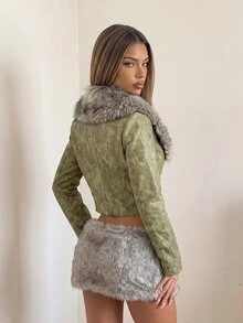 SHEIN ICON Jaket Lengan Panjang Kasual Wanita dengan Motif Patchwork Mewah untuk Sehari-hari - Olive Green - View 2