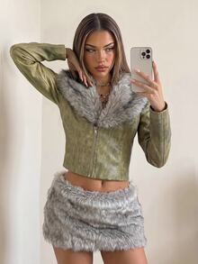 SHEIN ICON Jaket Lengan Panjang Kasual Wanita dengan Motif Patchwork Mewah untuk Sehari-hari - Olive Green - View 5