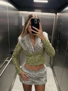 SHEIN ICON Jaket Lengan Panjang Kasual Wanita dengan Motif Patchwork Mewah untuk Sehari-hari - Olive Green - View 1