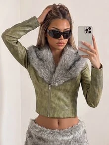 SHEIN ICON Jaket Lengan Panjang Kasual Wanita dengan Motif Patchwork Mewah untuk Sehari-hari - Olive Green - View 4