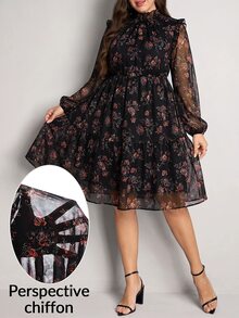 SHEIN LUNE 大尺碼女款花卉印花網紗燈籠袖優雅洋裝，適合約會之夜、早晨、生日，黑色秋季款 - 彩色 - 查看 10