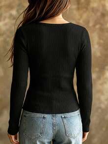 Ceyna Plus Size Autumn/Winter Brushed Ribbed Fabric V-Neck Mesh Sexy Long Sleeve Women T-Shirt - Black - View 2