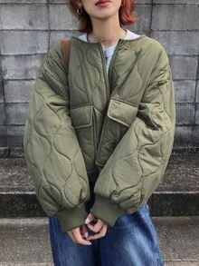FRIFUL Women's Autumn Solid Color Diamond Quilted Large Pocket Padded Coat - Green - View 9