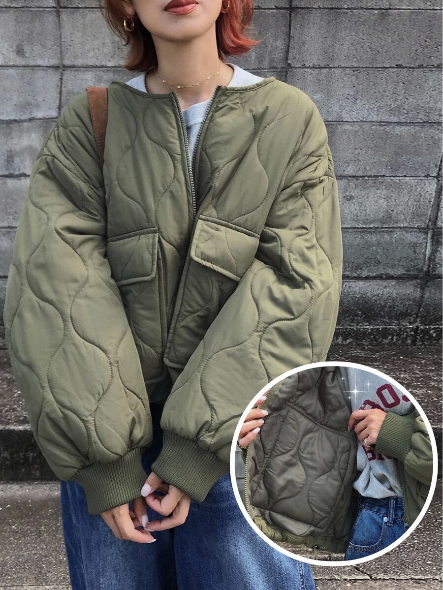 FRIFUL Women's Autumn Solid Color Diamond Quilted Large Pocket Padded Coat - Green - View 1