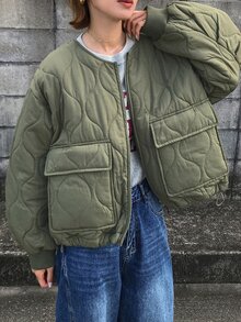 FRIFUL Women's Autumn Solid Color Diamond Quilted Large Pocket Padded Coat - Green - View 8