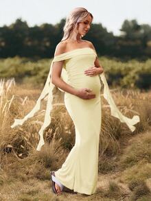 Cheriluna Maternity 纯色露肩露背孕妇长裙，适合圣诞派对、优雅派对、迎婴派对等场合。 - 黃色 - 查看 5