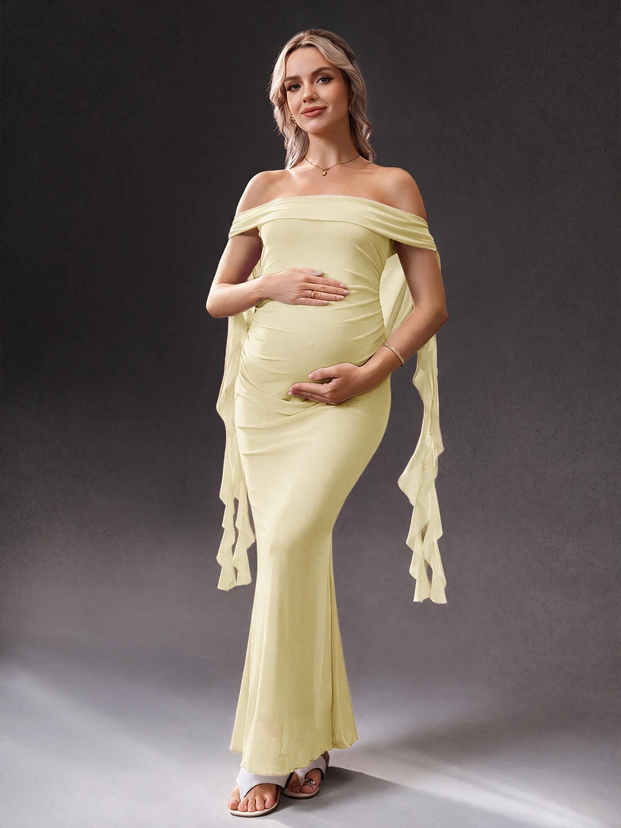 Cheriluna Maternity 纯色露肩露背孕妇长裙,适合圣诞派对、优雅派对、迎婴派对等场合。 - 黃色 - 查看 1