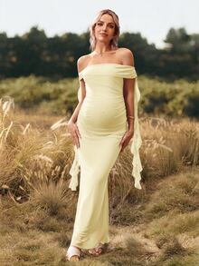 Cheriluna Maternity 纯色露肩露背孕妇长裙，适合圣诞派对、优雅派对、迎婴派对等场合。 - 黃色 - 查看 6