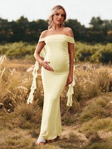 Cheriluna Maternity 纯色露肩露背孕妇长裙，适合圣诞派对、优雅派对、迎婴派对等场合。 - 黃色 - 查看 4
