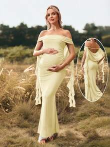 Cheriluna Maternity 纯色露肩露背孕妇长裙，适合圣诞派对、优雅派对、迎婴派对等场合。 - 黃色 - 查看 2
