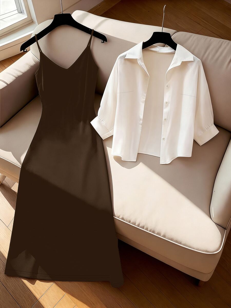 GlowEve 2pcs Women's Casual Everyday Commute Shirt And Camisole Dress Set, Spring/Summer/Autumn - Coffee Brown - View 1