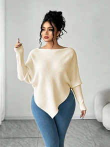 Elenzga 女款秋冬時尚休閒露肩長袖寬鬆顯瘦大尺碼套頭毛衣，外穿上衣 - 杏色 - 查看 4