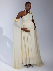 Cheriluna Maternity 3D Floral Elegant & Flowing Maternity Photoshoot Dress - Apricot - View 5