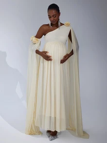 Cheriluna Maternity 3D Floral Elegant & Flowing Maternity Photoshoot Dress - Apricot - View 6