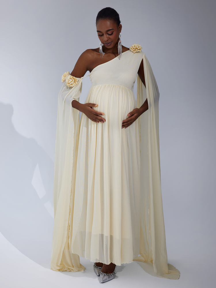 Cheriluna Maternity 3D Floral Elegant & Flowing Maternity Photoshoot Dress - Apricot - View 6