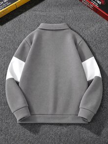 SHEIN Mirajuku 男童簡約優雅英文字印花 Polo 衫，拼接長袖，極簡圖案時尚翻領灰色襯衫，休閒秋季校園運動風 - 灰色 - 查看 3