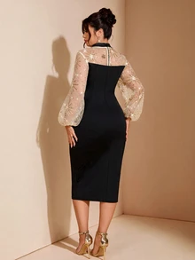 Cravure Plus Size Elegant Party Midi Dress, Sequin Mesh Long Sleeve Spliced Knit Bodycon Evening Dress Fall - Multicolor - View 4